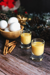 Rompope vanilla liqueur eggnog drink made with eggs in Mexico, traditional for Christmas season