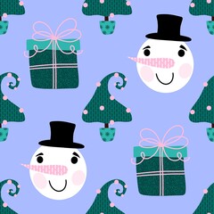 Cartoon winter seamless pattern with Christmas tree packaging and new year