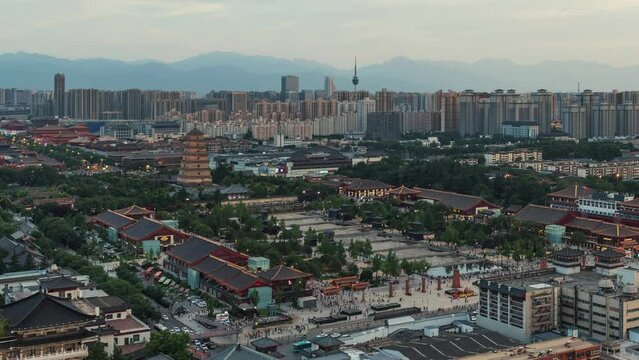 Time lapse view of Xian Dayan Pagoda and city skyline in Shanxi, China