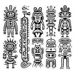 Native American symbols, Aztec, Maya, Inca. figurines of Native American tribes icons tattoo Vector set