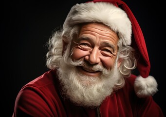 Brutal bearded man in Santa Claus costume. Greeting Card for Christmas and New Year