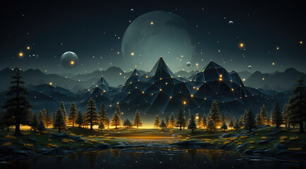 Naklejka premium An artistic night scene with geometric mountains, a star-lit sky, and a forest in golden light.