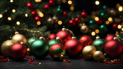 An image with classic red, green, and gold Christmas balls, stars, and ornaments arranged on a dark background, evoking a traditional holiday vibe perfect for greeting cards.