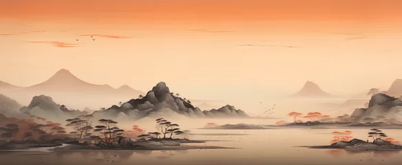 Gordijnen Minimalist Song dynasty mural, Heian period, Zen, dark orange and light beige style, elegant landscape painting, fine brushwork style, eastern aesthetics. generative AI © yj