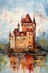 Obraz premium Majestic medieval castle. Fantasy kingdom. Style of impressionism and oil painting. Metaphorical associative card. Psychological abstract picture. Postcard, wall decoration, book illustration.
