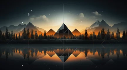 Fotobehang Geometric trees and mountains under a blue night sky in a modern, abstract artwork. © Jan