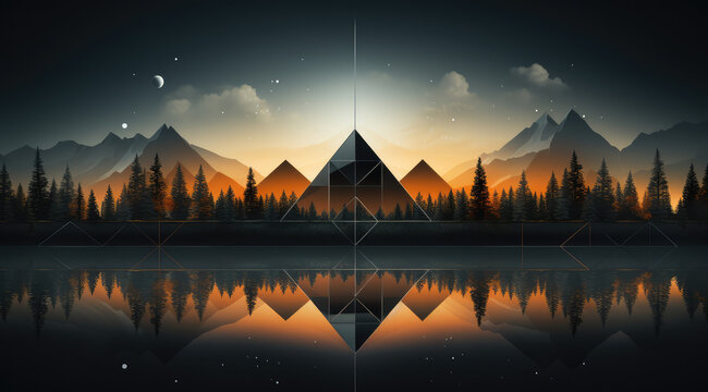 Geometric trees and mountains under a blue night sky in a modern, abstract artwork.