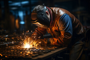 welder is welding metal , industry them bokeh and sparkle background - obrazy, fototapety, plakaty