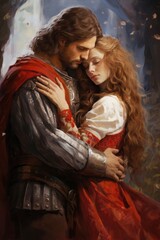 Obraz premium Knight and his lady in tender embrace in medieval castle. Couple in love on romantic date. In the style of oil painting. For cover of female romance fantasy historical novel. Valentine's Day card.