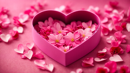 Obraz na płótnie Canvas Beautiful heart shaped box, flowers background