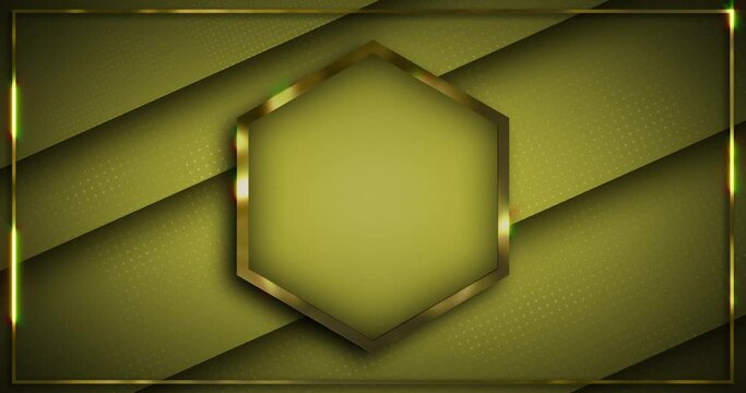 Seamless animation luxury background consists of a hexagon with golden outline in the center over golden dotted moving yellow background all inside shining golden bounded frame.