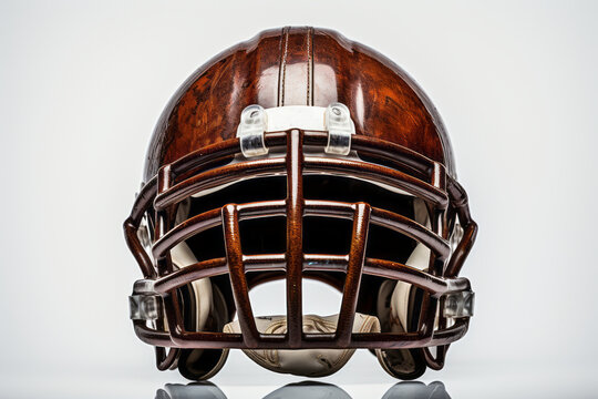 Front view of red American football helmet isolated on a white background. Protective helmet with mask, inner pads and chin support. Today's football helmets use advanced materials and design elements