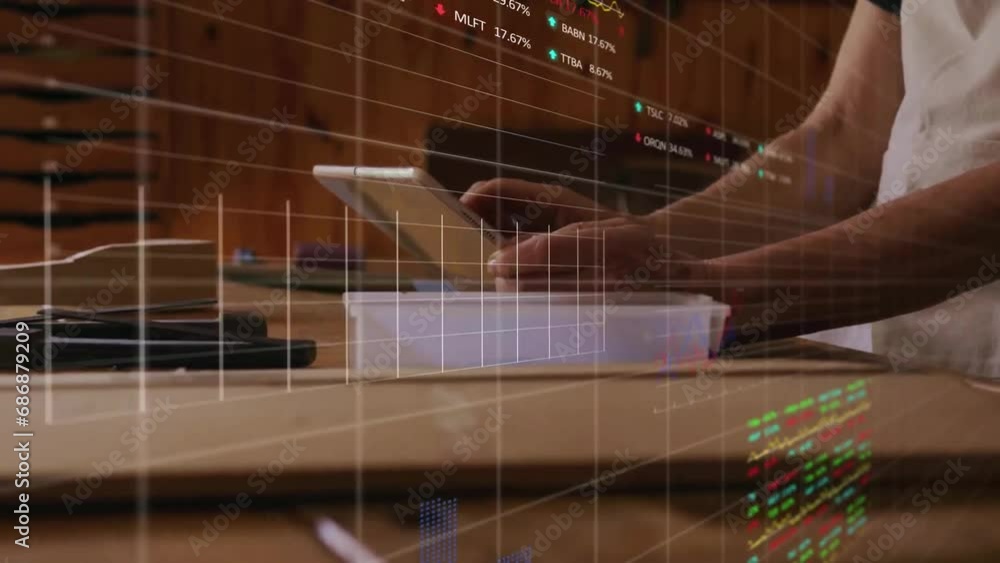 Aufkleber animation of multiple graphs and trading boards over diverse people scrolling on digital tablet