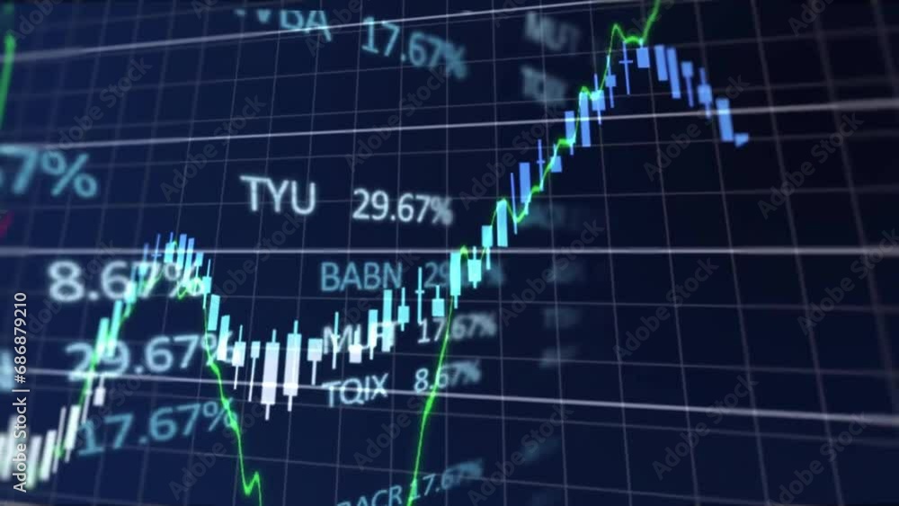 Poster animation of multiple graphs with changing numbers and trading board against black background