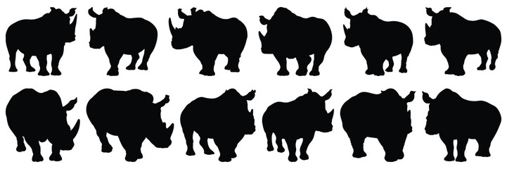 Rhino silhouettes set, large pack of vector silhouette design, isolated white background