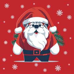 Vector illustration of cute santa claus with snowflake  isolated on red background. Good for poster, postcard, sticker, giftcard, t-shirt design, etc