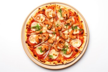 An enticing seafood pizza topped with succulent shrimps, melted cheese, rings of red onion,