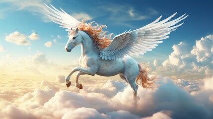 Majestic Fantasy Pegasus horse flying high above the clouds. Flight of the Pegasus. fantastic magical illustration - obrazy, fototapety, plakaty