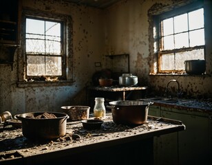 photo of abandon post-apocalyptic kitchen room scene, generative AI