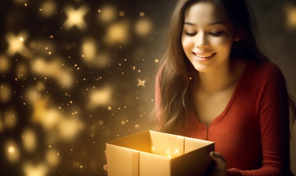 Beautiful young woman looking happily into an open gift box, magic golden light and stars, wonderful happy smile for a good surprise, satisfied with her wish fullfilled, nice present she'd dreamed of