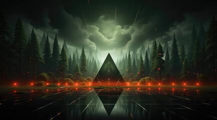Green hues creating an abstract mysterious forest path with a pyramid.