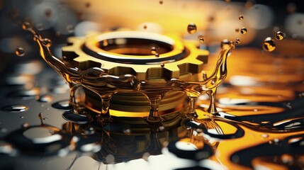 Motor oil in the mechanism of a car engine: care for durability and efficiency. car engine with lubricant oil on repairing. Concept of lubricate motor oil - obrazy, fototapety, plakaty