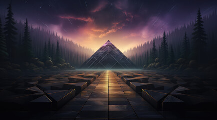 A blend of sharp geometric shapes in purple hues creating an abstract mysterious forest path towards a pyramid. - obrazy, fototapety, plakaty