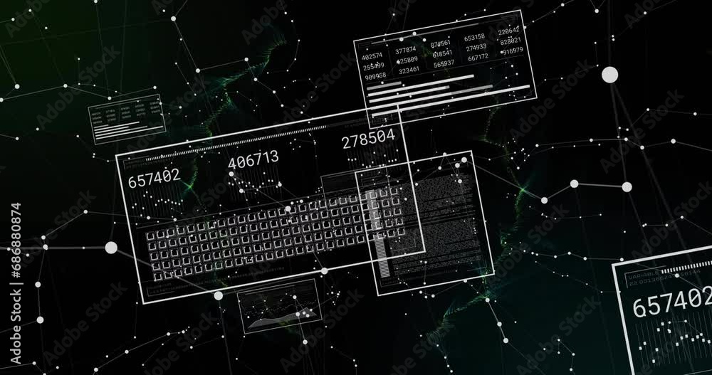 Poster animation of graphs, changing numbers, loading squares and connected dots over black background