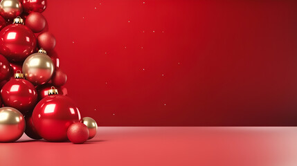 Red Christmas background. Merry Christmas and Happy New Year promotional banner with red glossy Christmas decorations on red background with copy space for text