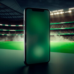Mobile phone on a soccer field. Concept of a sports application (Generative AI)