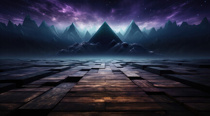 A blend of sharp geometric shapes in purple creating an abstract mountain view. - obrazy, fototapety, plakaty