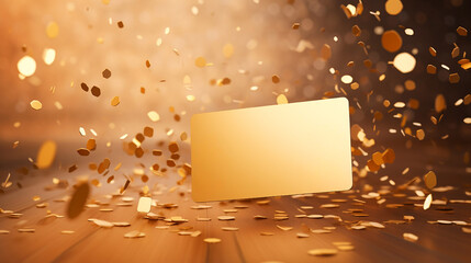 blank gold credit card and gold coins flying on a festive background with golden bokeh and shiny confetti. Banking, credit and bonuses, winning money. Copy space mockup. 3D rendering