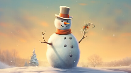 A joyful snowman with a carrot nose and top hat surrounded by winter beauty.