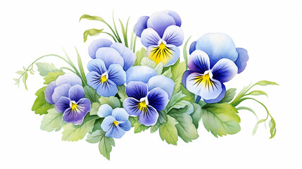 the blue garden tricolor pansy flower. Viola tricolor, viola arvensis, heartsease, violet, kiss-me-quick. Hand drawn botanical watercolor painting illustration isolated on white background - obrazy, fototapety, plakaty