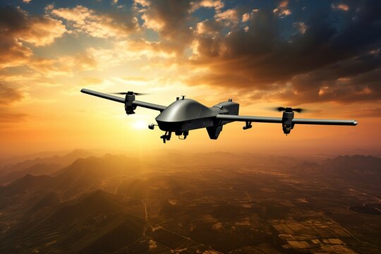 Unmanned military drone on patrol air territory at high altitude at sunset. UAV drone