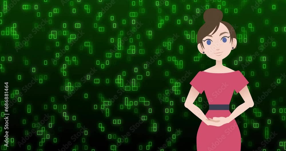 Poster animation of talking illustrative female representation and binary codes over green background