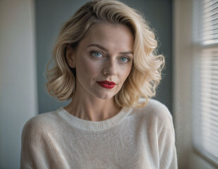 Naklejka premium photo of beautiful middle aged woman with blonde hair in bedroom, generative AI