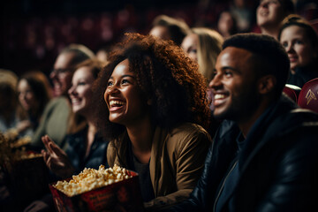 Diverse and mixed group of people watching a movie in a movie theater - obrazy, fototapety, plakaty