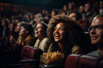 Diverse and mixed group of people watching a movie in a movie theater - obrazy, fototapety, plakaty