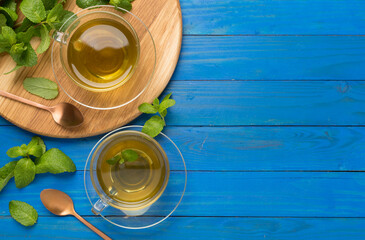 Fresh mint tea on wooden background,top view