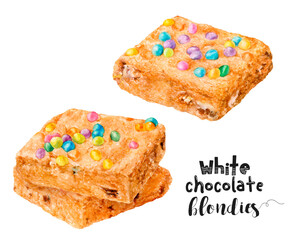 Watercolor illustration of white chocolate blondies dessert close up. Design template for packaging, menu, postcards. PNG