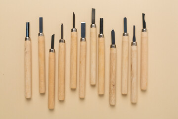 Carpenter tools on color background,top view