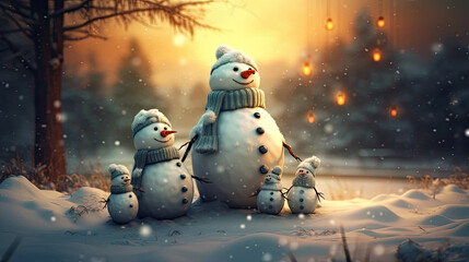 Obraz premium Snowman family enjoying the beautiful snowy landscape