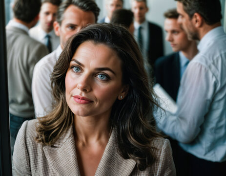 photo of middle aged woman as a office working woman standing near elevator, generative AI