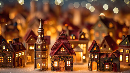 A festive holiday village with miniature houses and twinkling lights. light backgroud - obrazy, fototapety, plakaty