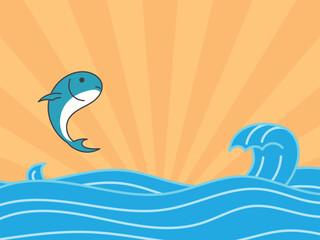 vector ocean waves with jumping fish and sunset light, vector design