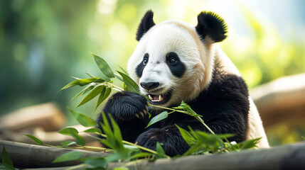 Gianta panda eating plants, panda chewing on bamboo concept, close up wallpaper hd