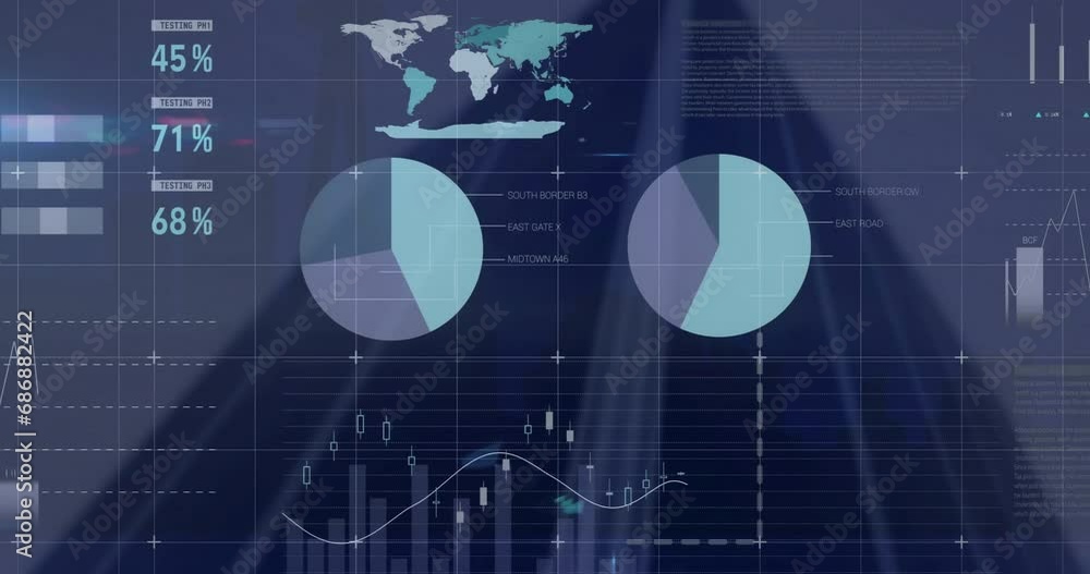 Poster animation of multicolored infographic interface over abstract background