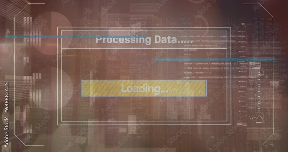 Poster animation of loading bar with texts over multiple graphs and trading board over abstract background