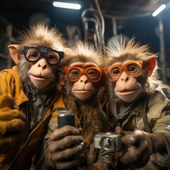 monkeys portrait with sunglasses, Funny animals in a group together looking at the camera, wearing clothes, having fun together, taking a selfie, An unusual moment full of fun fashion consciousness.
